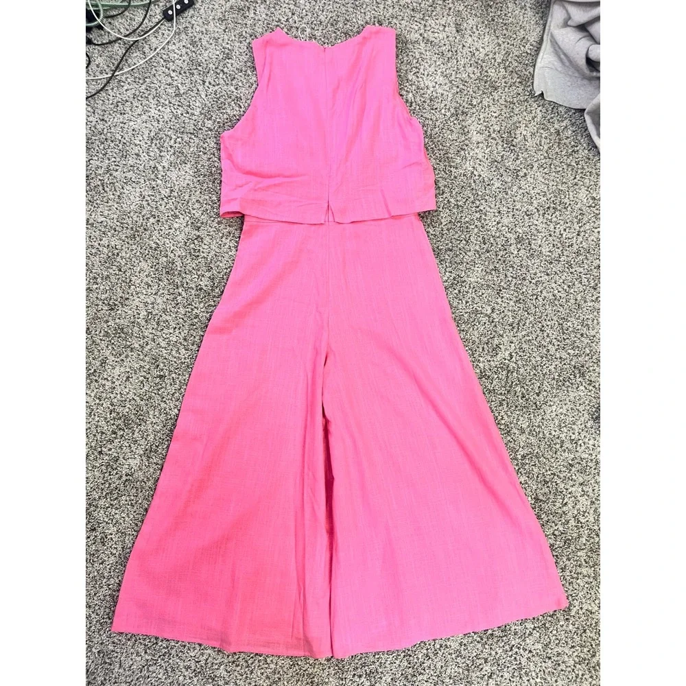 MVN THE LABEL Femme Pink Linen Blend Wide Leg Crop Overlay Jumpsuit US 4 NEW